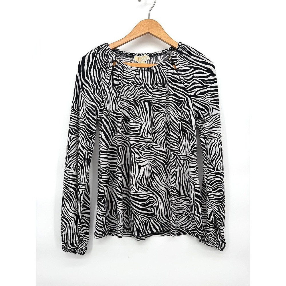 Michael Kors Zebra Print Blouse Shoulder Cutouts Dressy Work Long Sleeve Sz SM